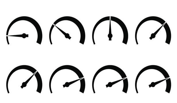 Speedometer dashboard dial black silhouette vector icon set. Round performance gauge indicators with arrow needles showing minimum to maximum velocity or credit score level.