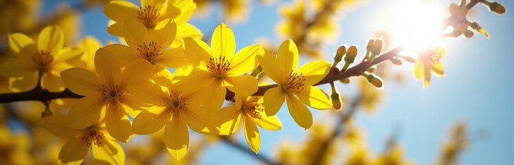 Fototapeta premium Yellow cassia fistula flowers bloom on branch against bright sun and blue sky. Delicate petals glow with sunlight. Springtime nature background. Tree blossoms appear vibrant.