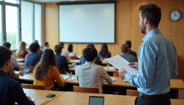 Students attend seminar in classroom. Male teacher gives lecture to audience sitting at desks. People listen attentively near projection screen. Future professionals learn.