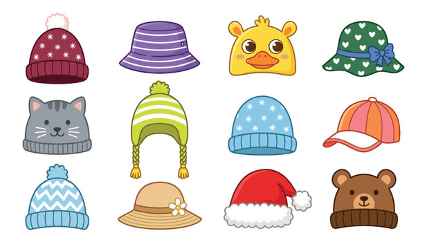 Cute children hat and winter beanie vector cartoon icon set. Colorful kids headwear collection including knit caps, animal faces, sun hats, baseball cap and Santa hat.
