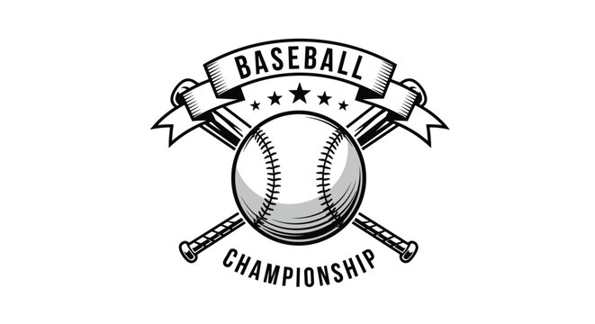 Vintage style baseball championship emblem featuring a ball, crossed bats, stars, and decorative ribbons in grayscale.