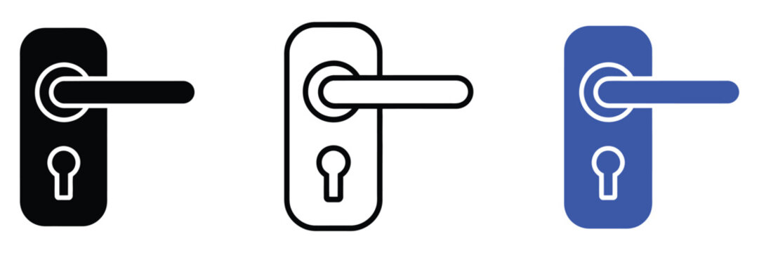 Door handle and keyhole icon set in monochrome and blue styles representing security access control and door entry systems