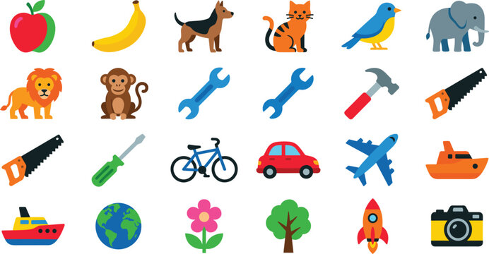 Colorful vector cartoon icon set featuring a large collection of cute animals, fruits, tools, and vehicles isolated on a white background.