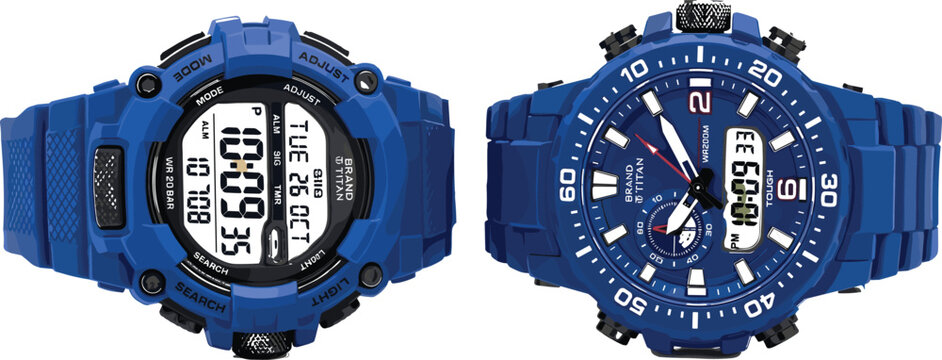 Rugged blue sports watch vector illustration showing digital and analog tactical wristwatches with resin straps isolated on a white background.