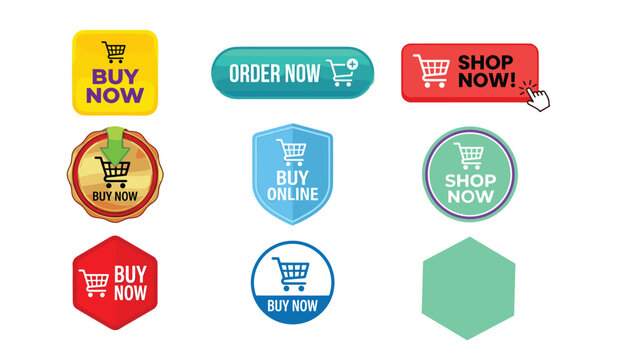 Online shopping button and e-commerce badge vector icon set. Colorful retail call to action stickers with shopping carts, cursor arrow and buy now text.