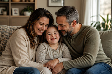 Fototapeta premium A mother, father, and young daughter are smiling together while sitting indoors.