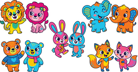 Naklejka premium Colorful vector cartoon icon set featuring pairs of cute patterned baby animals including lions, elephants, rabbits, bears, and foxes isolated on a white background.