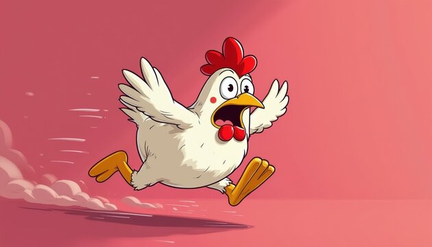 Cartoon chicken running fast in panic. Funny hen with open mouth, wide eyes flees across pink background. Bird motion blur effect. Animal fear.