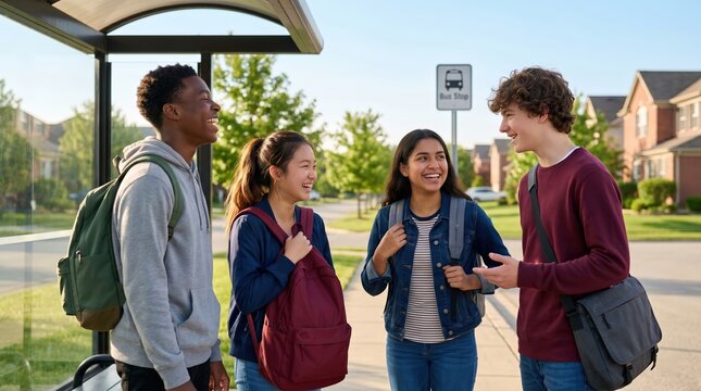 Friends chatting at a bus stop on a sunny day