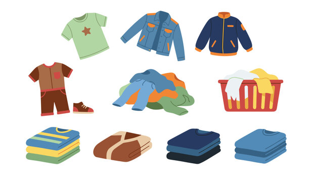 Laundry and folded clothing flat vector cartoon icon set. Casual apparel collection with denim jacket, t-shirt, messy clothes pile, sweaters and washing basket.