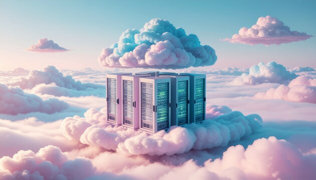 Dreamlike cloud computing concept with floating server architecture