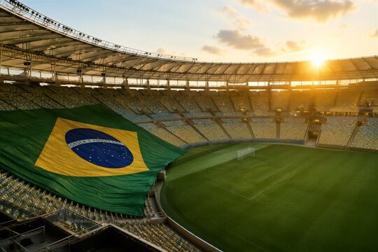 Large Brazil flag draped over stadium seats during sunset. Soccer arena waiting for match. Professional sports event preparation. National pride, Brazilian football and patriotism