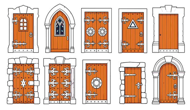 Medieval wooden door and stone arch vector cartoon set. Antique castle gates with iron hinges, metal rivets, handles and vintage frames.