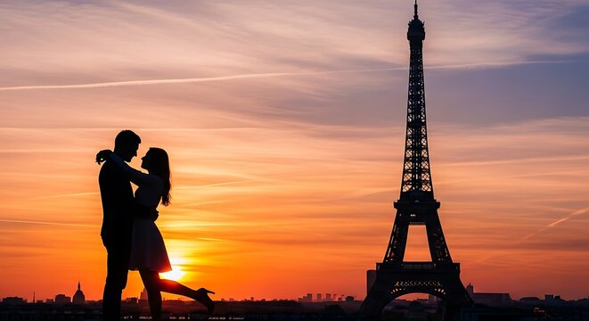 Romantic Couple Embracing at Sunset in Paris with Eiffel Tower Silhouette.