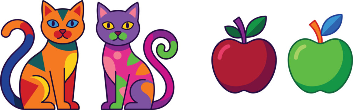 Colorful pop art vector illustration featuring patterned cartoon cats and apples isolated on a white background.