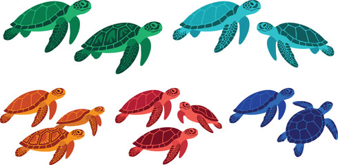 Colorful sea turtle vector illustration set showing cute green, blue, orange, and red turtles swimming isolated on a white background. © EdGe Creative
