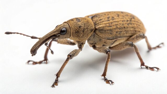 Weevil macro shot: A detailed close-up of a weevil, a small beetle with a distinct elongated snout, showcasing its intricate exoskeleton and delicate legs against a clean background.