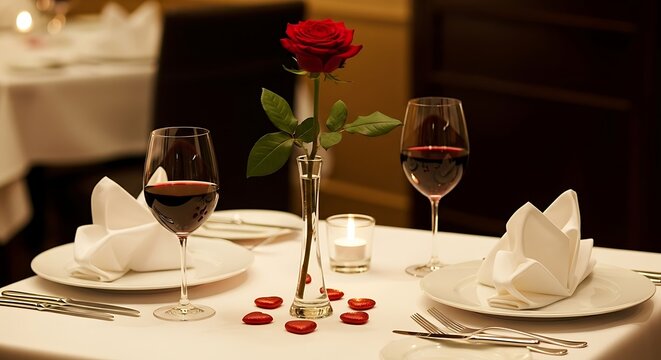 Romantic Dinner Setting Rose with Wine  Candlelight for Valentines Day or Date Night.