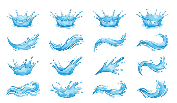 Water splash and liquid blue wave vector cartoon set. Fresh aqua drops, crowns, stream flows and dynamic ocean ripples for cosmetic or beverage packaging.