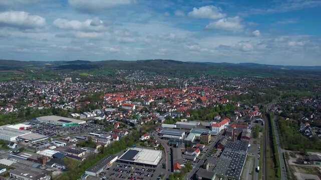 Aerial view around the old town of the city Lemgo, in Germany on a sunny spring noon.