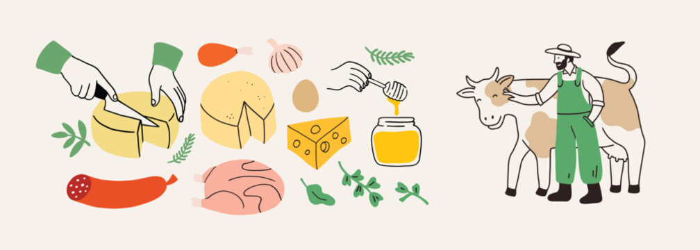 Farmer character with cow. Set hands cutting cheese, local meat and milk production. Perfect for farm designs, gardening themes, or livestock farming, animal husbandry concepts. Doodle food, local.