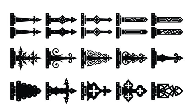 Vintage gate hinge black silhouette vector icon set. Ornate iron strap hinges with medieval, antique, gothic, arrow and decorative floral metalwork designs.