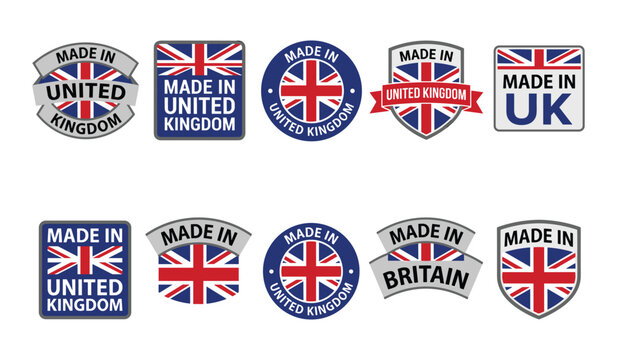 Made in United Kingdom vector badge and label set. UK origin stamp icons with union jack flag for product packaging, manufacturing and country export.