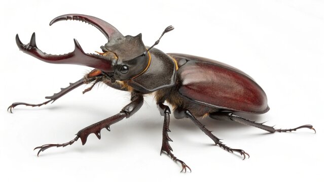 Stag Beetle on White: A large stag beetle with prominent mandibles and a glossy carapace is captured in a studio setting, showcasing its intricate exoskeleton and powerful build.