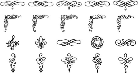 Vintage calligraphic flourishes and page corner borders vector illustration set featuring elegant filigree dividers fleur de lis and musical clef design ornaments © MdMehedi