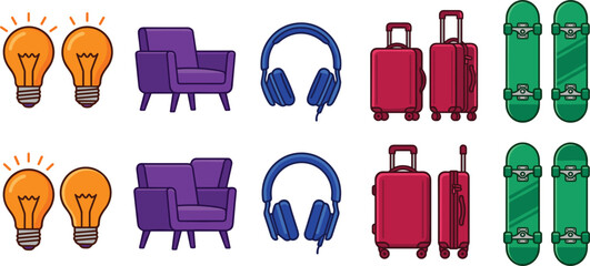 Colorful vector object set featuring light bulbs, armchairs, headphones, suitcases, and skateboards isolated on a white background. © EdGe Creative