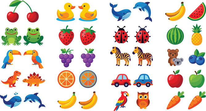 Colorful vector cartoon icon set featuring cute animals, birds, fruits, and vehicles isolated on a white background.