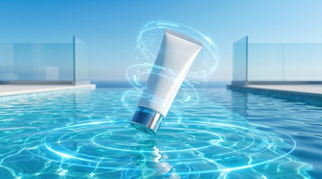 A blank white cosmetic tube features a floating position over infinity pool with digital rings and ocean background