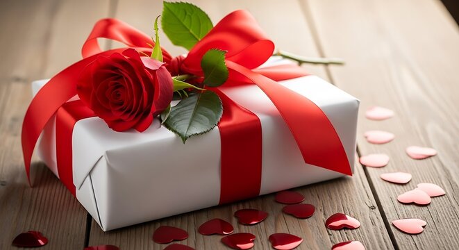 Romantic Gift Box with Red Rose and Ribbon on Wooden Surface with Valentines Day.