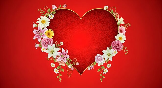 Romantic floral heart with decorative red background for Valentines Day design.