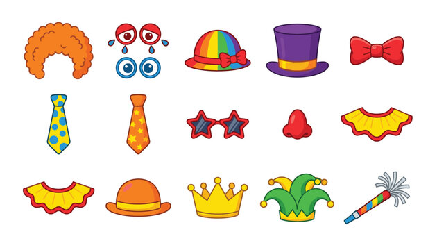 Clown costume accessories and circus party vector icon set. Colorful festival props including hats, red nose, wig, ties, star sunglasses, crown and blower.