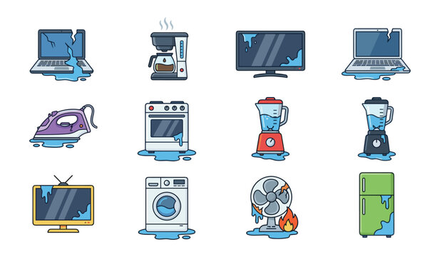 Broken home appliances and water damaged electronics vector icon set. Short circuit and flooded laptop, television, blender, washing machine, refrigerator and iron.