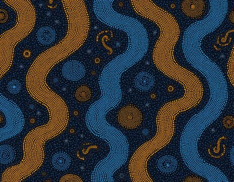 Seamless pattern with wavy lines of blue and orange dots on dark background. Features small circular motifs and swirls. Evokes indigenous art style. Digital illustration repeat.