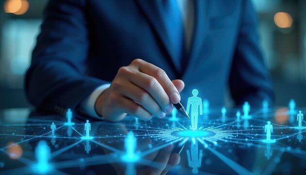 Man in suit interacts with digital human network interface. Planning strategy with glowing data points and connections. Future business and tech concept.