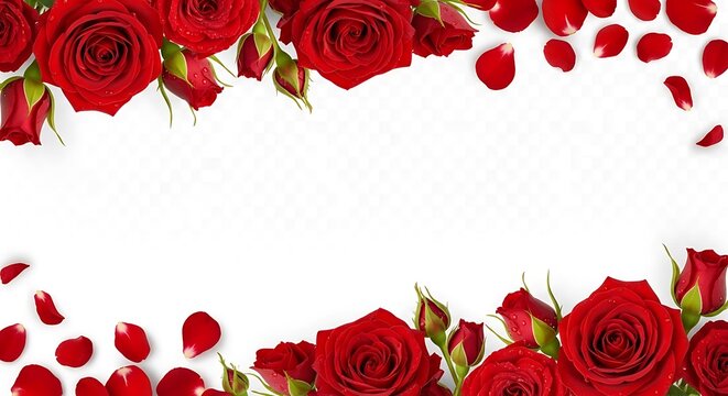 Romantic red roses and petals border on transparent background for design and Valentines.