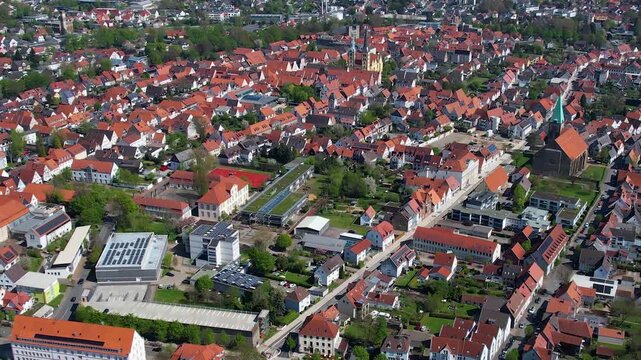 Aerial view around the old town of the city Lemgo, in Germany on a sunny spring noon.