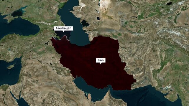 Satellite map animation of the border between Iran and Azerbaijan highlighting the Caspian Sea coast and Caucasus region for geopolitical news