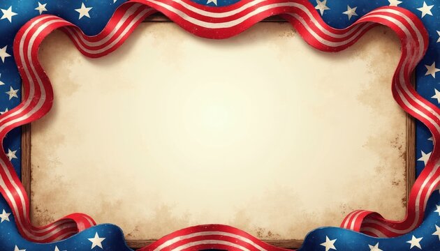 Empty space framed by american flag stripes and stars pattern. Decorative patriotic border design with rustic parchment paper. Great for holiday announcements or certificates.