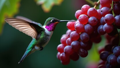 Fototapeta premium Tiny hummingbird hovers near ripe red grapes on vine. Small bird with iridescent feathers drinks nectar from fruit. Nature scene shows garden life and sweet treats in summer.