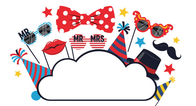Fun party photo booth props such as hats, glasses, lips, and mustaches surround a white cloud frame for festive event photography.