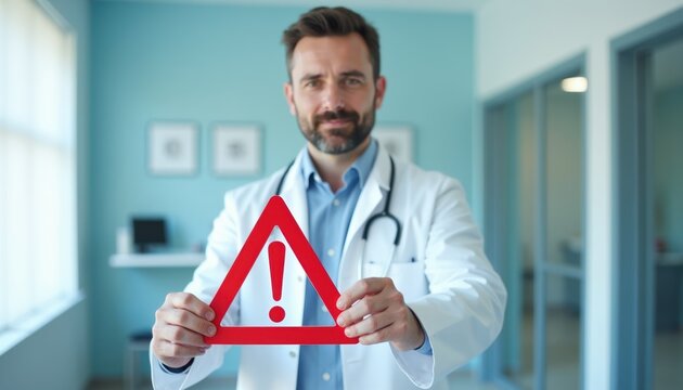 Doctor holds red warning sign with exclamation mark. Healthcare pro alerts about health risks or importance of checkups. Medical warning symbol in clinic.