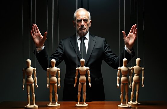 Man in suit controls wooden mannequins with strings. Figure manipulates puppets like a puppeteer. Control and power concept. Business manipulation.