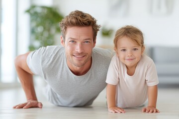 Fototapeta premium Father and daughter doing home pushup workout together for family fitness background and wellness banner