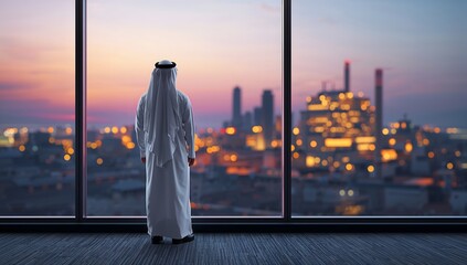 Plakat Arab businessman looking at city skyline through window at sunset