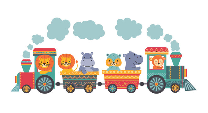 Whimsical toy circus train features colorful wagons carrying various cute animals like lions, hippos, and a monkey across the page.