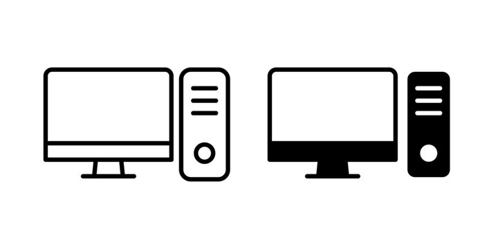 Desktop icon in outline and solid style, isolated on white background. Ideal for computing, office workspace, and technology features in mobile and web design.